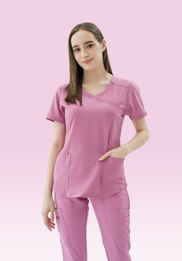 17804 - NOTCHED COLLAR V-NECK MOCK-WRAP STRETCH TOP WITH 2 POCKETS