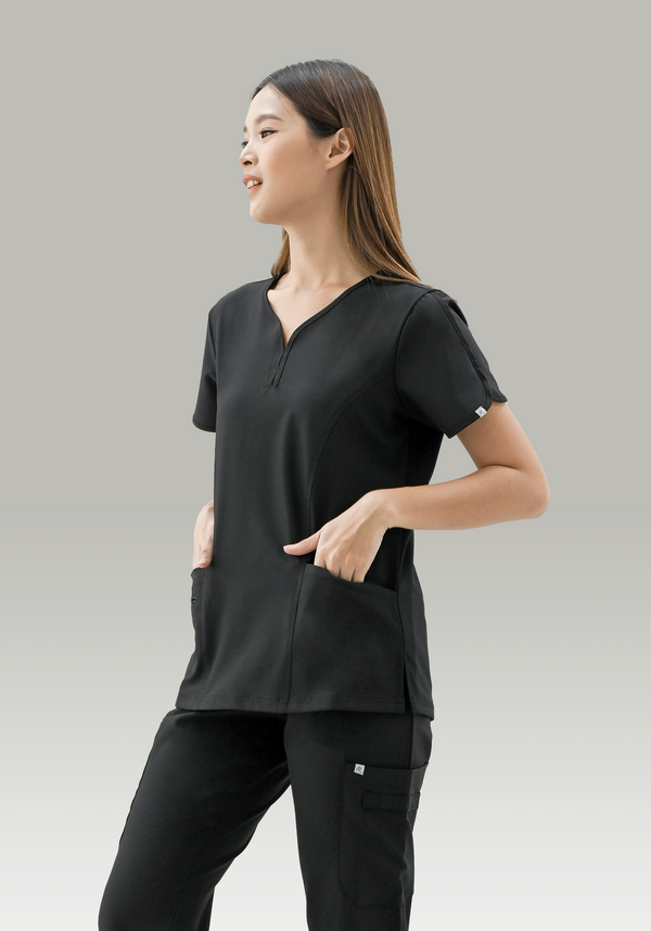 19611 - UPSIDE DOWN TEAR DROP V-NECK STRETCH TOP WITH 2 POCKETS
