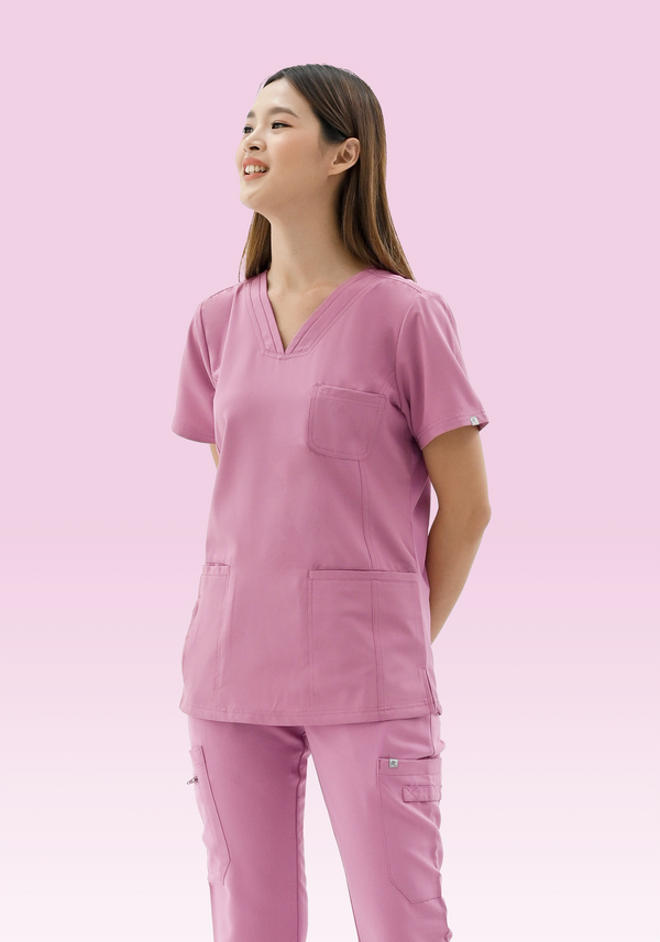 19614 - PLEATED V-NECK STRETCH SCRUB TOP WITH CHEST POCKET