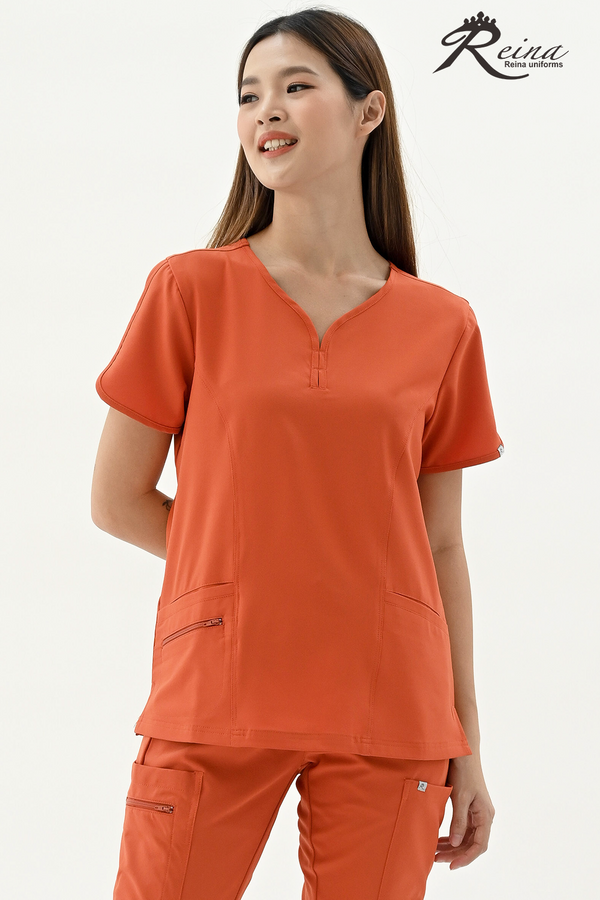 19611 - UPSIDE DOWN TEAR DROP V-NECK STRETCH TOP WITH 2 POCKETS
