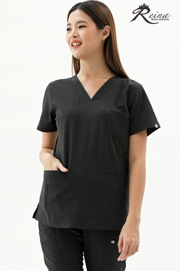 19614 - PLEATED V-NECK STRETCH SCRUB TOP WITH CHEST POCKET