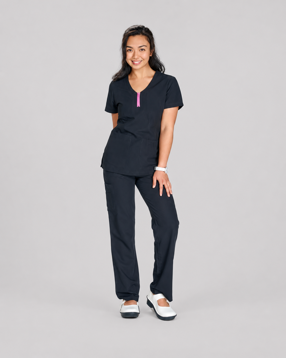 ST106 - ROUND NECK ZIP CLOSURE W/ ASYMMETRIC POCKETS SCRUB SET – Reina ...
